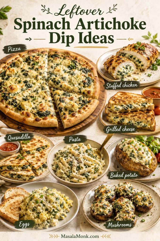 Leftover spinach artichoke dip ideas including pizza, stuffed chicken, grilled cheese, quesadilla, pasta, baked potato, eggs, and mushrooms.