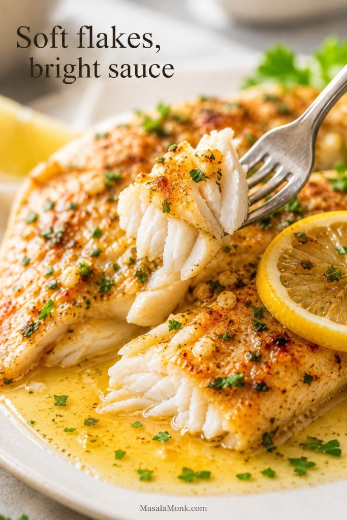 Close-up of lemon garlic baked tilapia flaking apart with a fork, butter sauce, parsley, and lemon.