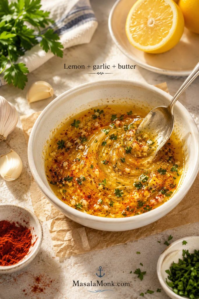 Lemon garlic butter sauce being stirred with melted butter, lemon zest, garlic, paprika, herbs, and parsley.