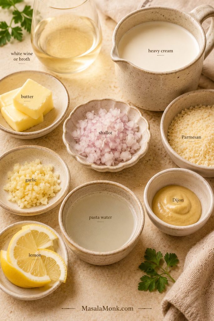 Lemon garlic cream sauce ingredients with butter, shallot, garlic, cream, Parmesan, pasta water, lemon, Dijon, and wine or broth
