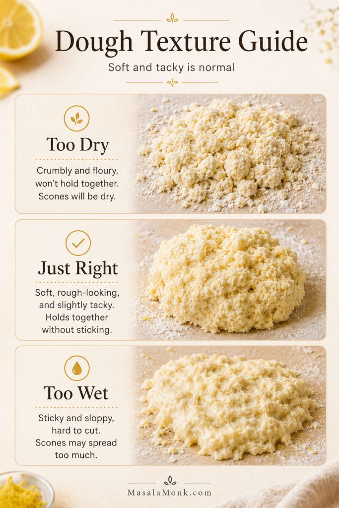 Three-panel dough texture guide for lemonade scones showing dough that is too dry, just right, and too wet.