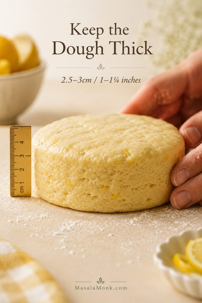 Side view of lemonade scone dough patted thick on a floured surface with a ruler showing about 2.5 to 3 centimetres in height.