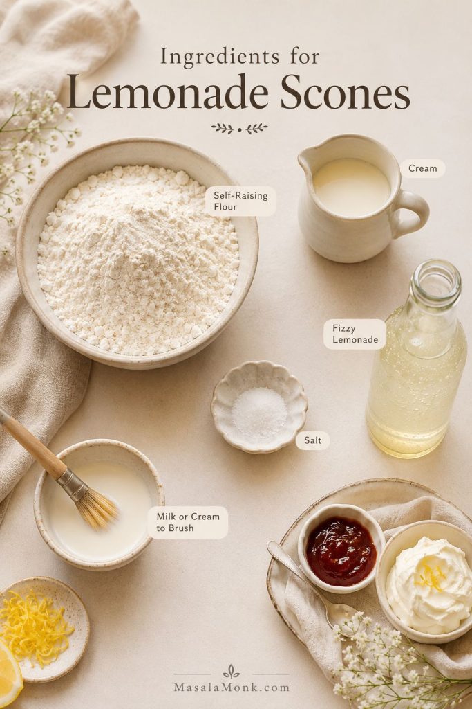 Ingredient spread for lemonade scones showing self-raising flour, cream, fizzy lemonade, salt, and a small brushing liquid on a light surface.