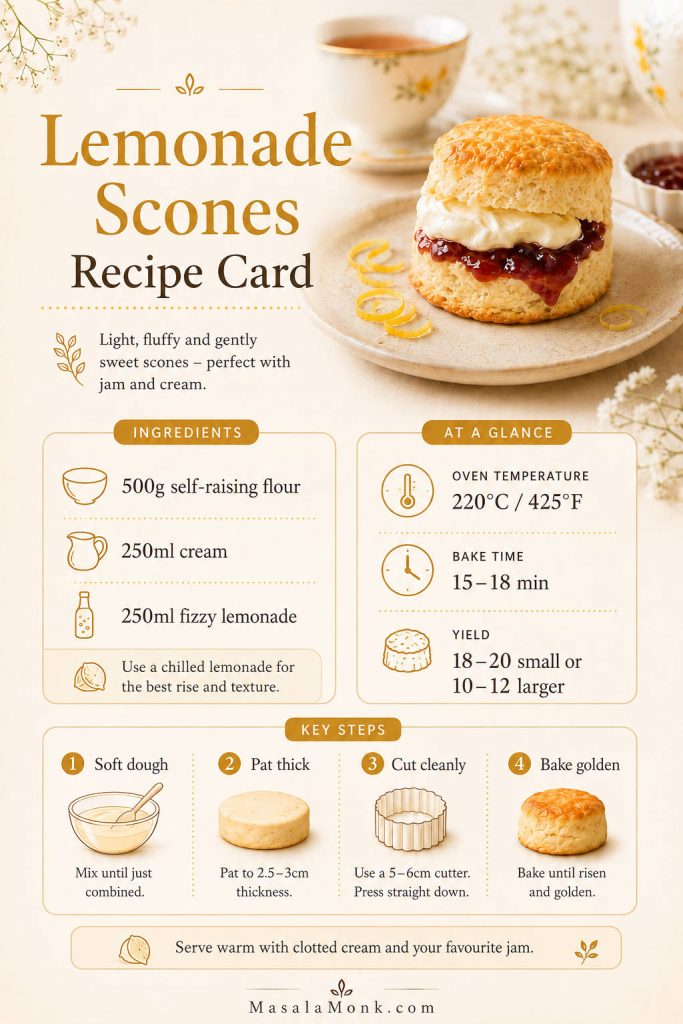 Saveable recipe card for lemonade scones showing ingredient quantities, oven temperature, bake time, yield, and key method notes.