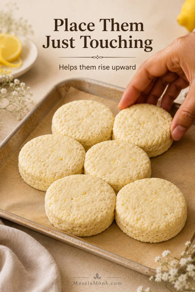 Unbaked lemonade scone rounds arranged close together on a parchment-lined baking tray.