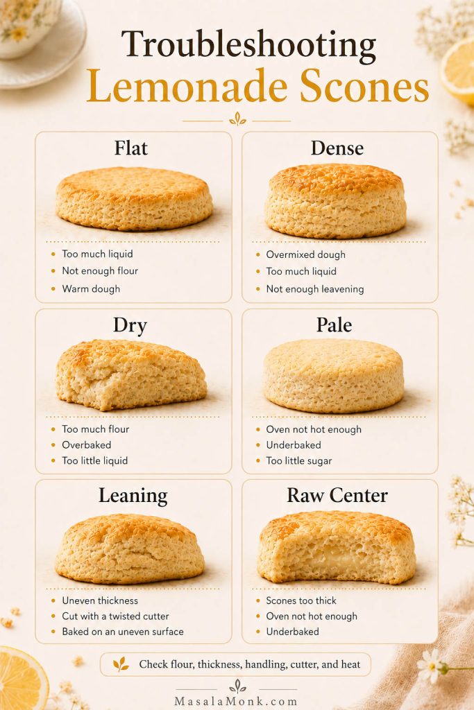 Troubleshooting guide for lemonade scones showing examples of flat, dense, dry, pale, leaning, and raw-centre scones.