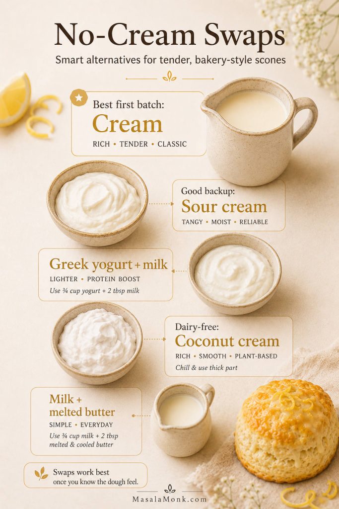 Comparison board showing cream, sour cream, Greek yogurt with milk, coconut cream, and milk with butter as no-cream swap options for lemonade scones.