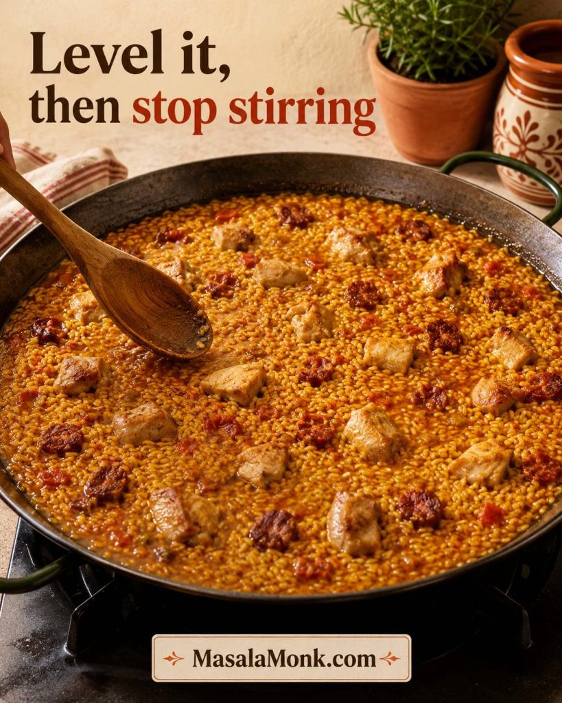 Paella rice leveled into an even shallow layer in a wide pan with chicken and chorizo before simmering without stirring.