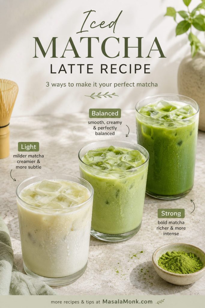 Three iced matcha lattes showing light, balanced, and strong matcha color differences