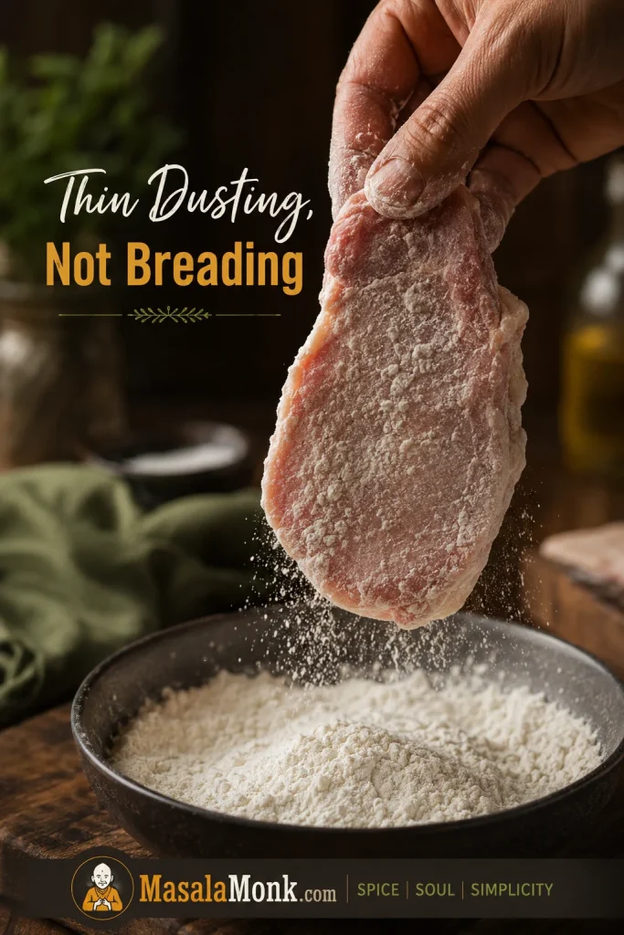 Pork chop lifted from a flour dish with a thin, even dusting of flour on the surface.