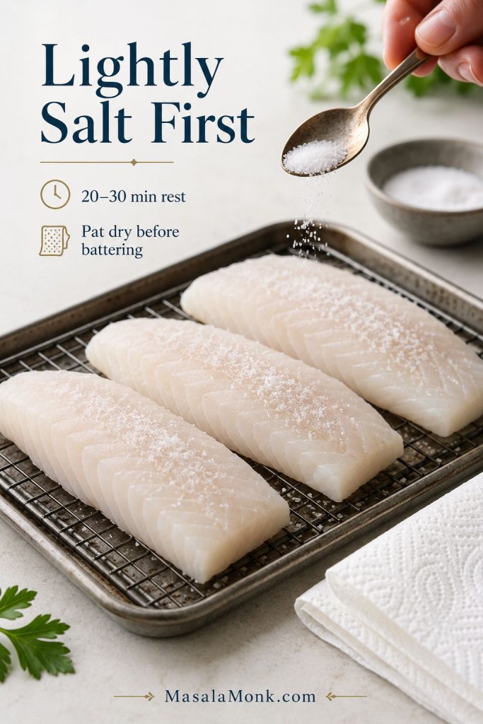 Fresh white fish fillets on a rack being lightly salted with a spoon, with paper towels nearby for drying before battering