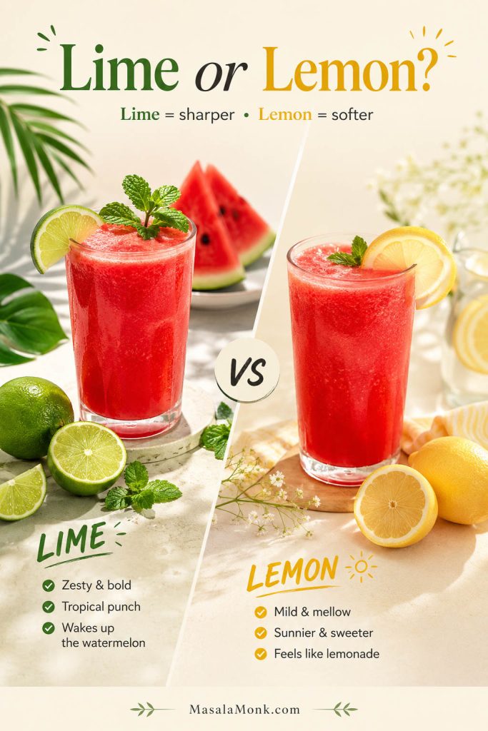 Split comparison showing lime and lemon options for watermelon juice, with lime shown as sharper and lemon as softer.
