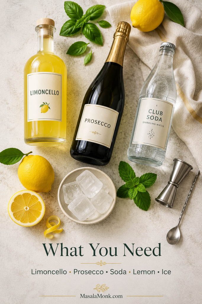 Limoncello spritz ingredients arranged on a stone surface, including limoncello, prosecco, soda water, lemons, herbs, ice, a jigger, and a bar spoon.