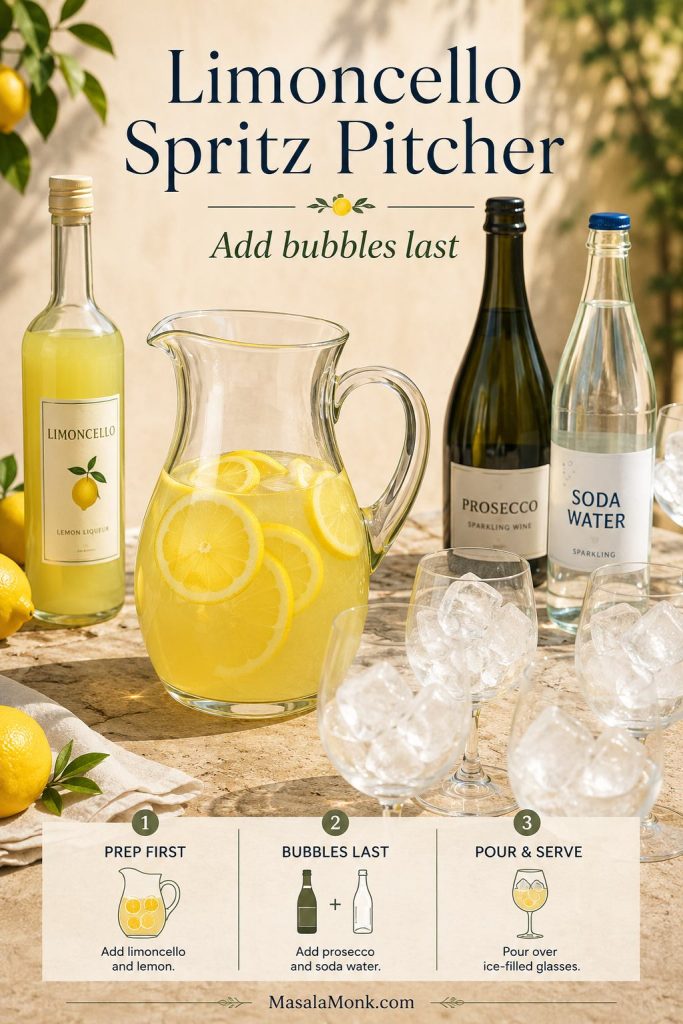 Limoncello spritz pitcher setup with limoncello and lemon in the pitcher, prosecco and soda water bottles nearby, and ice-filled glasses ready for serving.