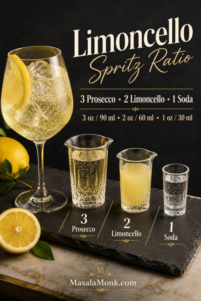 Limoncello spritz ratio guide showing 3 parts prosecco, 2 parts limoncello, and 1 part soda water with ounce and milliliter measurements.