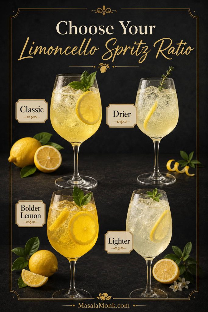 Ratio guide showing classic, drier, bolder lemon, and lighter limoncello spritz versions in separate glasses.
