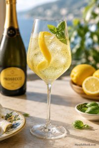 A cold limoncello spritz in a large wine glass with ice, prosecco bubbles, lemon peel, and a small herb garnish on a sunlit stone table.