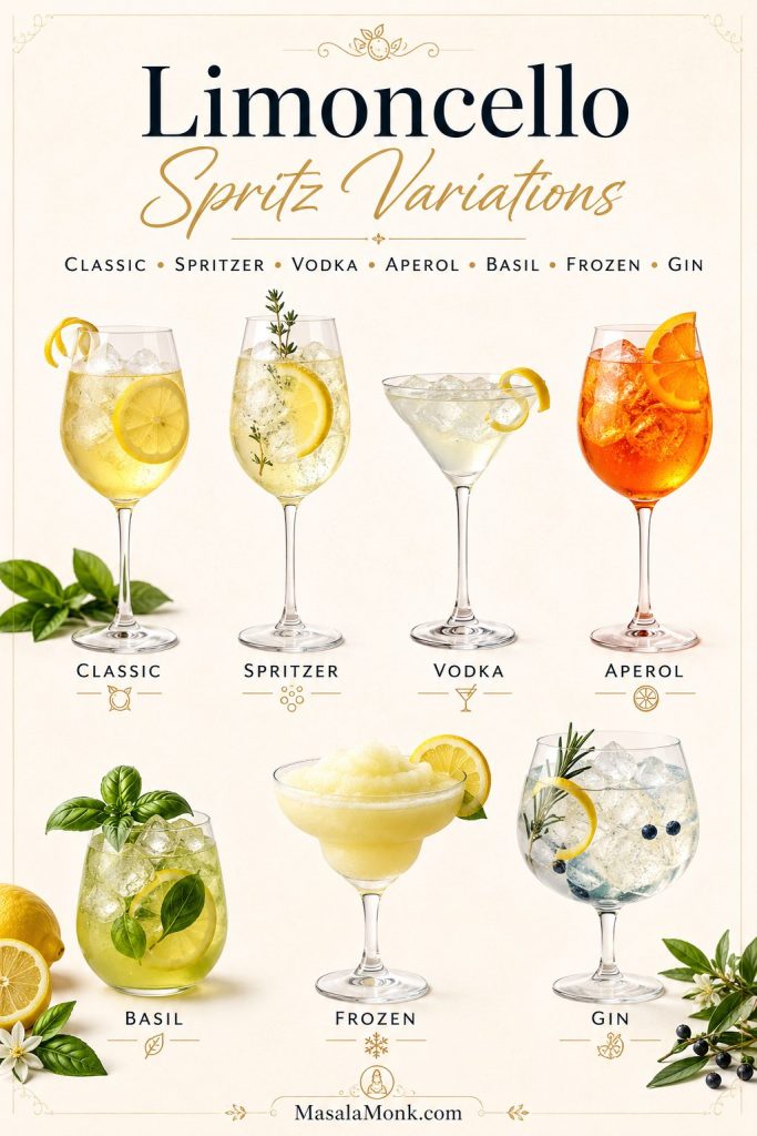 Limoncello spritz variations board showing classic, spritzer, vodka, Aperol, basil, frozen, and gin versions in different glasses.