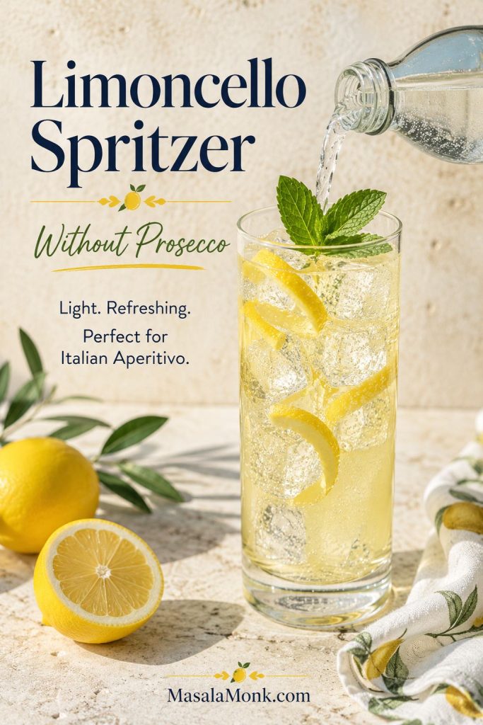 Limoncello spritzer in a tall glass with ice, lemon peel, mint, and sparkling water being poured, with no prosecco shown.