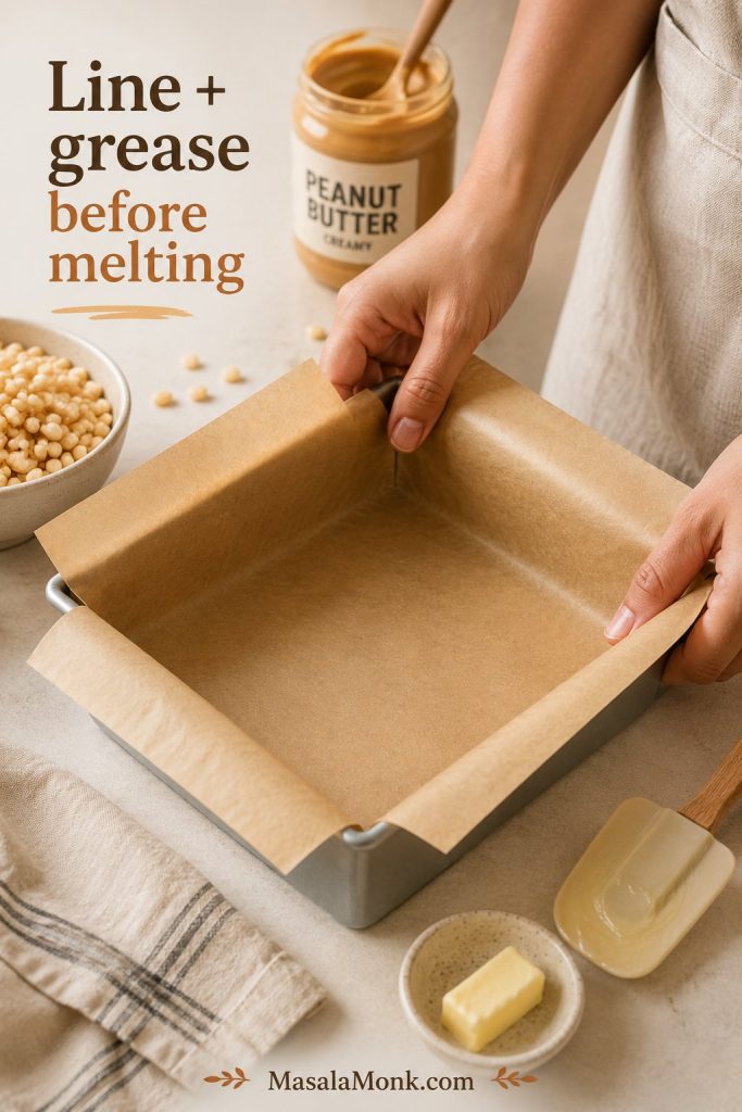 Hands lining a 9x9 pan with parchment paper before making peanut butter rice crispy treats.