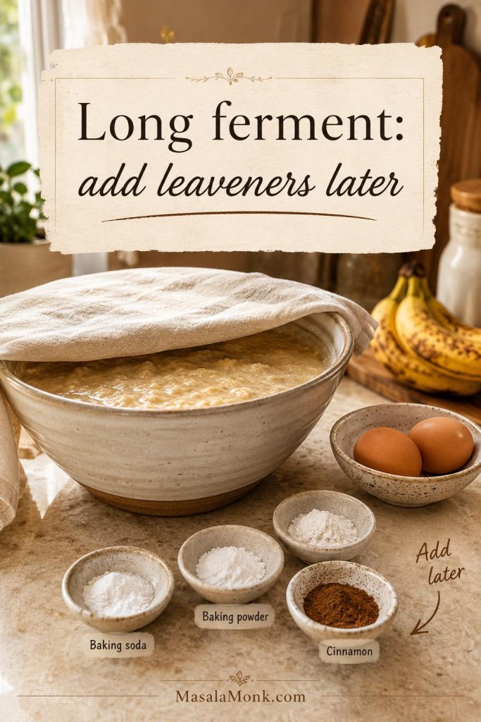 Long-fermented sourdough banana bread setup with covered batter, eggs, baking soda, baking powder, cinnamon, and the text “Long ferment: add leaveners later.”