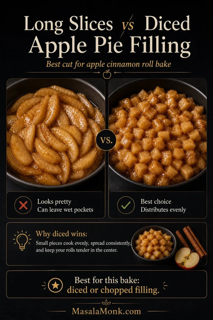 Comparison of long apple slices and diced apple pie filling for apple cinnamon roll bake, showing diced filling as the better choice for even distribution.