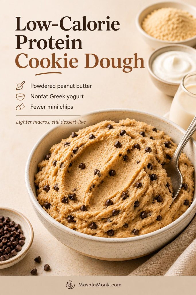 Low-calorie protein cookie dough with powdered peanut butter, nonfat Greek yogurt, almond milk, and fewer mini chocolate chips