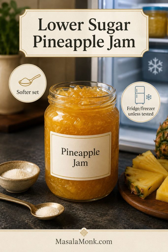 Lower-sugar pineapple jam jar with small sugar cue and refrigerator-freezer storage reminder