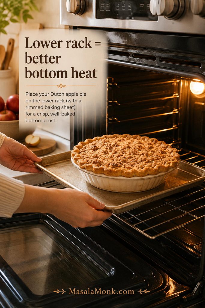 Dutch apple pie on a rimmed baking sheet being placed on the lower oven rack.