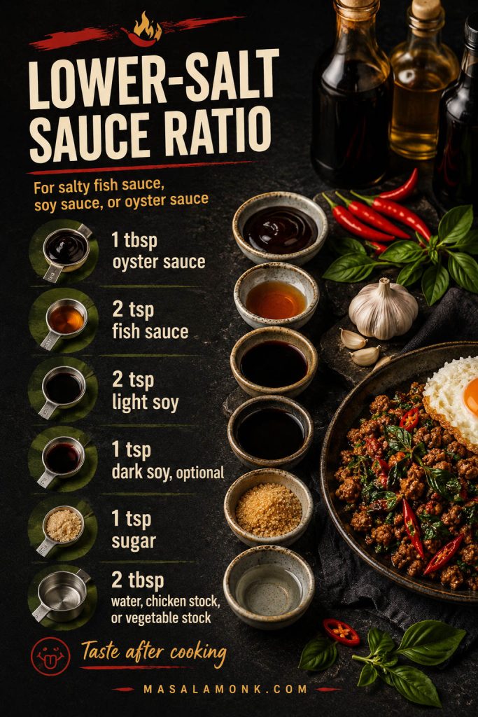 Lower-salt Pad Kra Pao sauce ratio card with smaller fish sauce and soy sauce amounts for salty sauce brands.