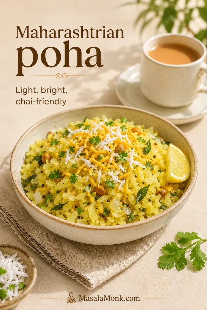 Maharashtrian poha served with coconut, sev, coriander, lemon, and a cup of chai.