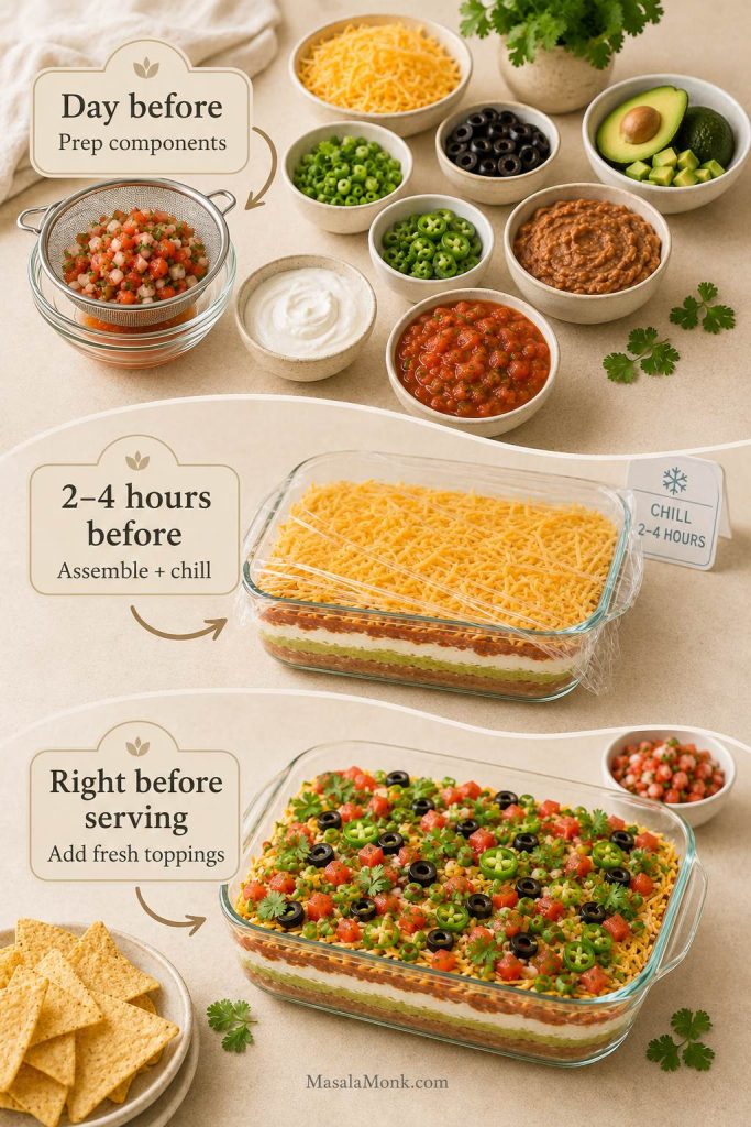 Make-ahead timeline for 7 layer dip showing day-before component prep, 2 to 4 hour assembly and chilling, and fresh toppings added before serving.