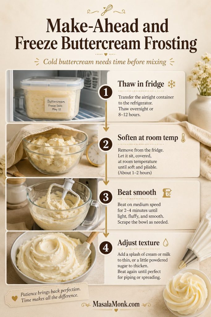 Make-ahead workflow showing buttercream thawing in the fridge, softening at room temperature, beating smooth, and adjusting texture.
