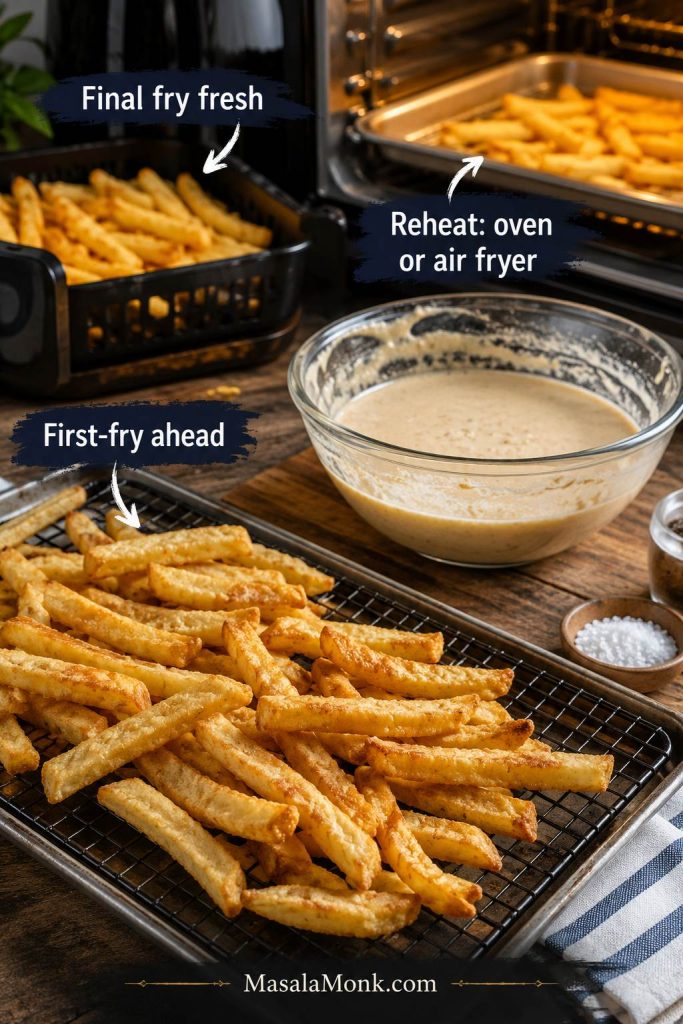Make-ahead battered fries setup with first-fried fries, fresh batter, oven reheating, and air fryer reheating cues.
