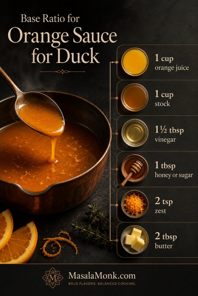 Make-ahead and storage board for orange sauce with container, saucepan, butter, and storage times