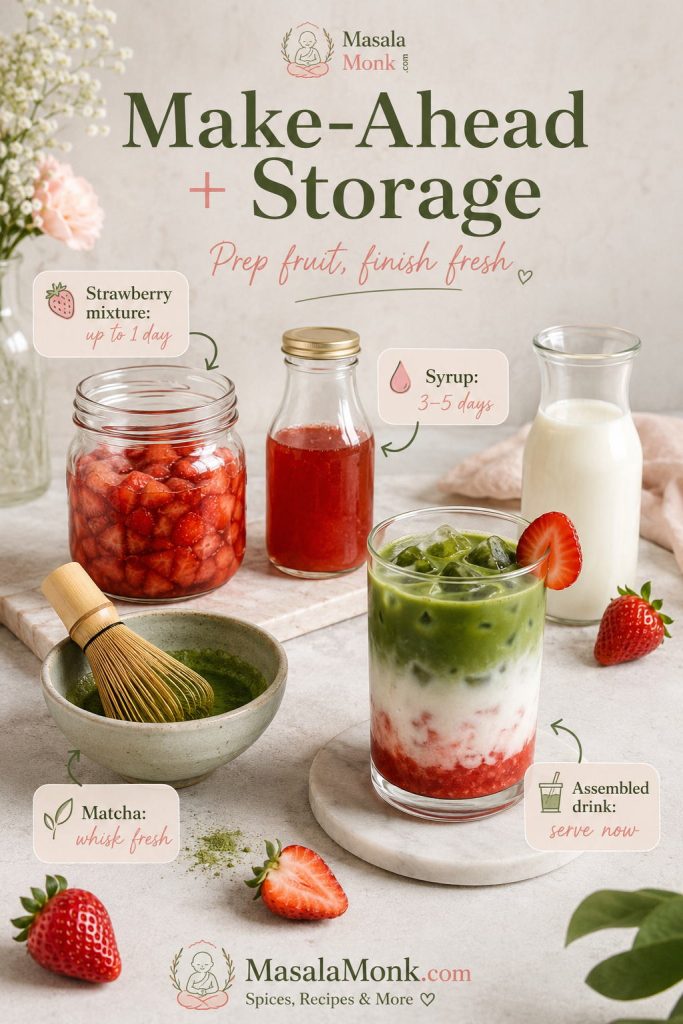 Make-ahead and storage guide with strawberry mixture, strawberry syrup, milk, fresh-whisked matcha, and assembled strawberry matcha latte.