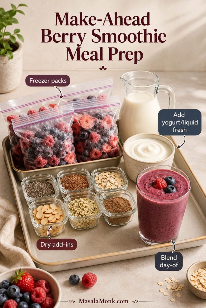 Make-ahead berry smoothie meal prep tray with freezer packs, dry add-ins, yogurt, milk, and a finished smoothie.