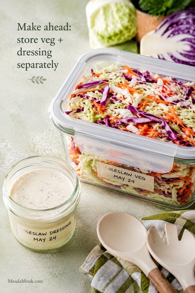 Shredded cabbage and carrots stored in a container with creamy dressing stored separately in a jar.