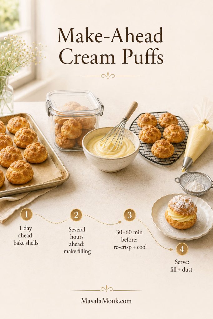 Make-ahead cream puff timeline showing baked shells, filling, re-crisping, cooling, and final filling.