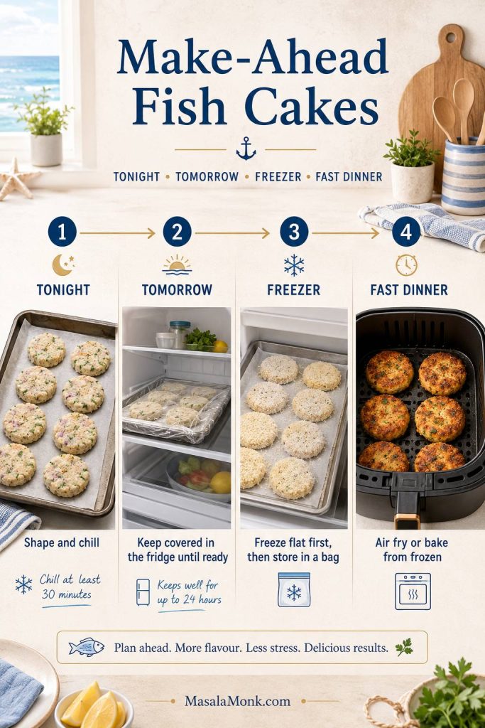 Make-ahead fish cakes timeline showing shaping, chilling overnight, freezing flat, and air frying or baking for a fast dinner