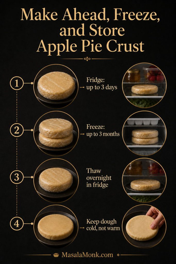Make-ahead apple pie crust storage guide showing wrapped dough disks, fridge storage, freezer storage, thawing overnight, and keeping dough cold.