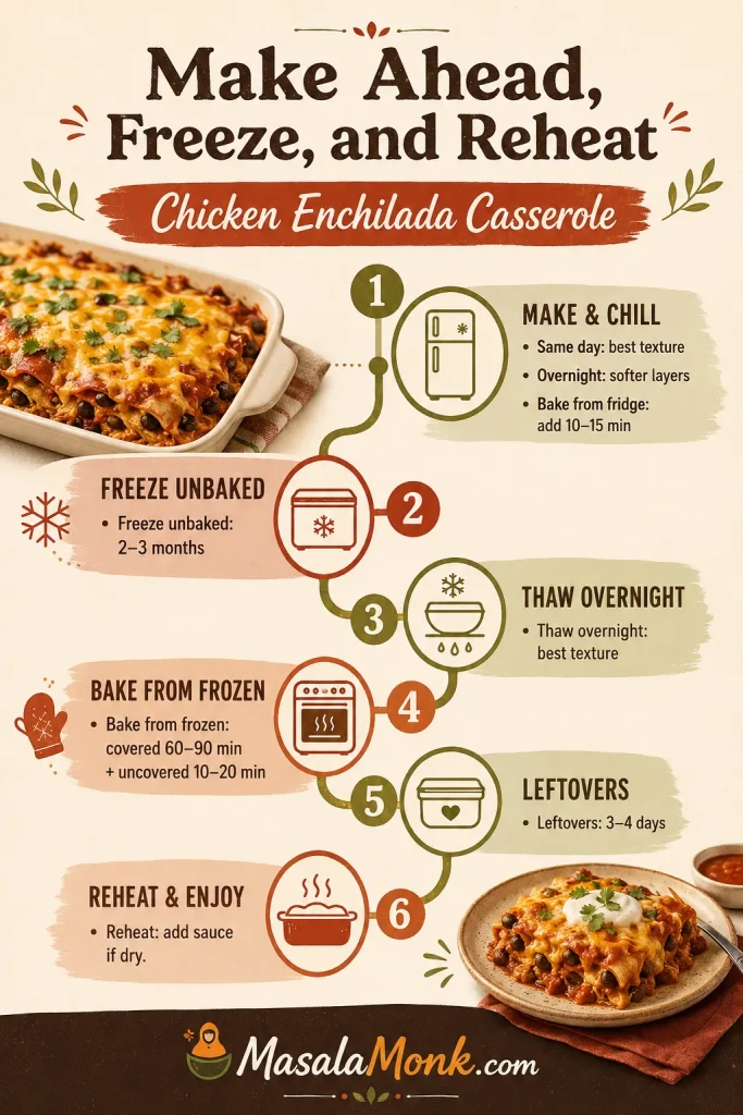 Make-ahead, freezer, and reheating workflow board for chicken enchilada casserole with fridge, freezer, oven, leftovers, and reheat steps.