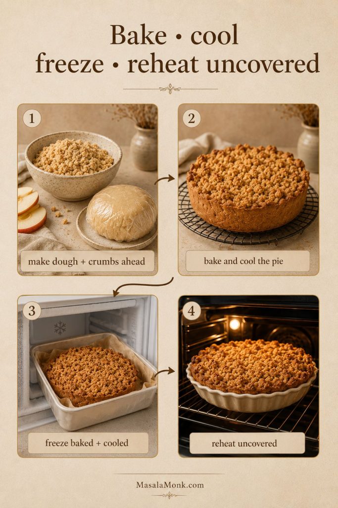 Make-ahead workflow showing pie dough and crumbs prepared ahead, baked pie cooling, frozen pie storage, and reheating uncovered.