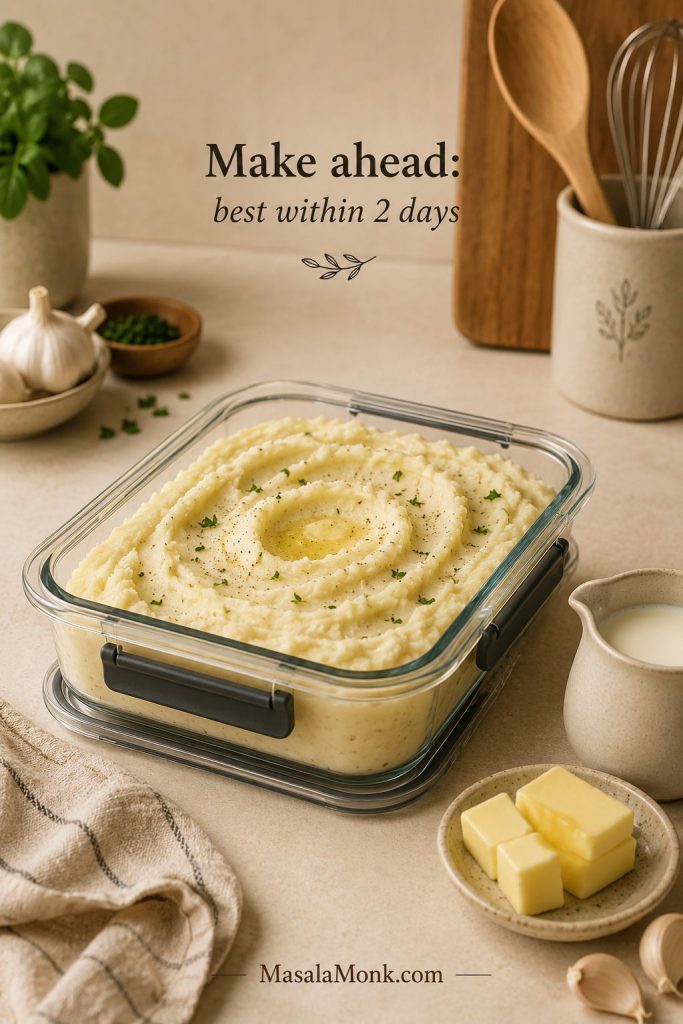 Garlic mashed potatoes stored in an airtight container with butter and milk nearby for reheating.