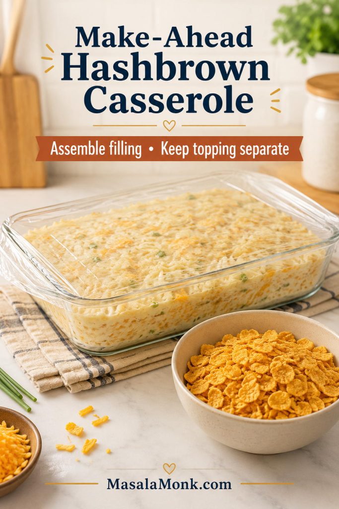 Make-ahead hashbrown casserole with the filling covered and the crunchy topping kept separate.