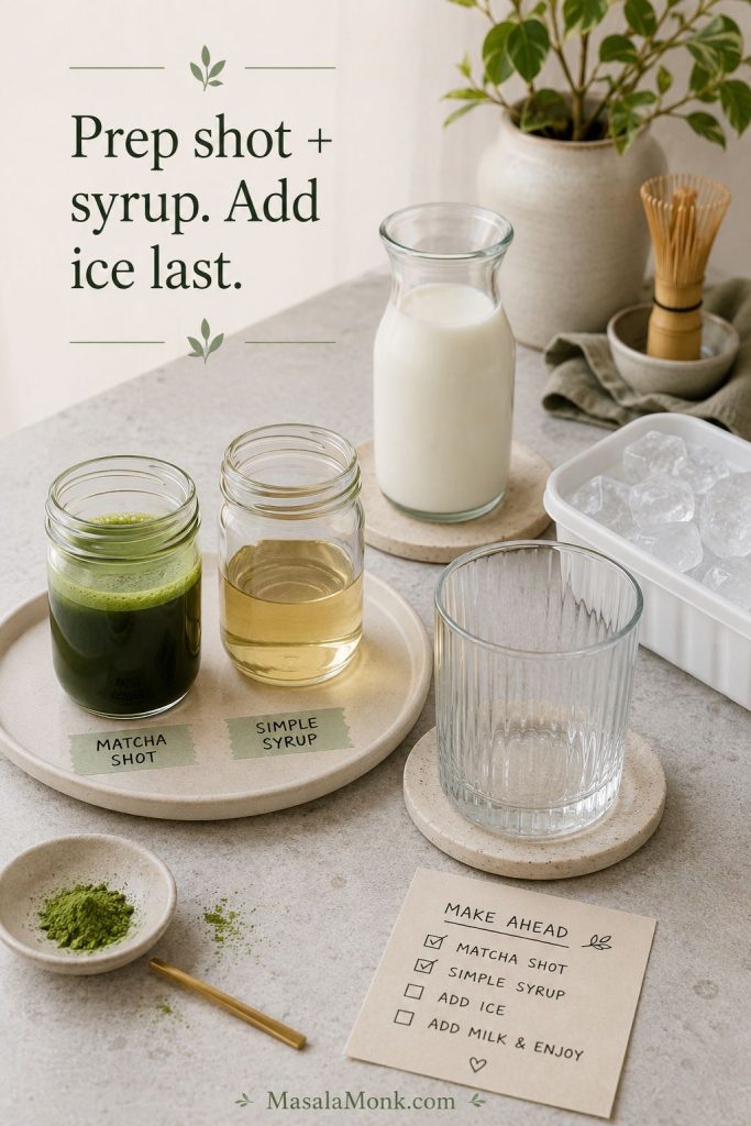 Make-ahead setup with matcha shot, simple syrup, milk, ice tray, and an empty glass