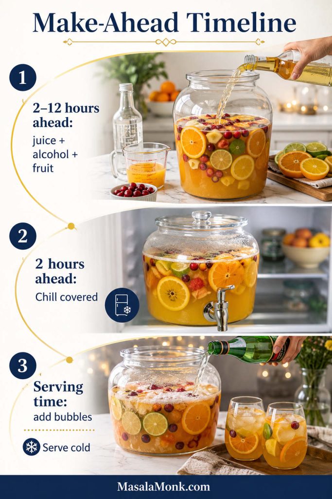 Make-ahead timeline for jungle juice showing when to mix juice, alcohol, and fruit, when to chill the punch, and when to add bubbles before serving.