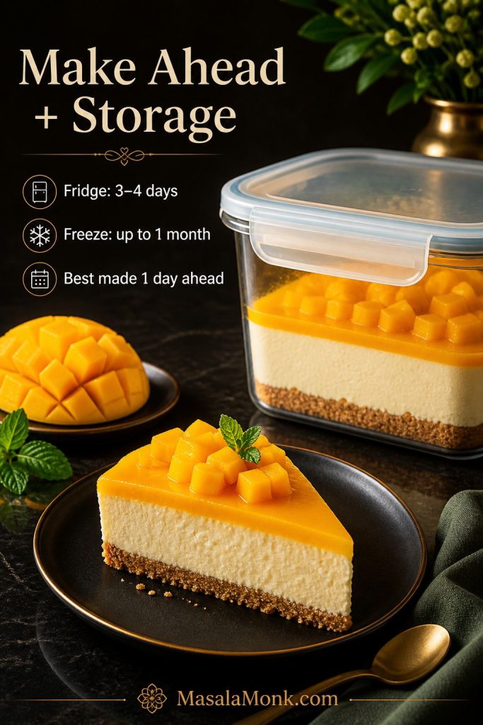 Mango cheesecake in a covered storage container with a plated slice nearby, plus text showing fridge and freezer storage times.