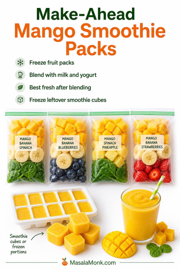 Make-ahead mango smoothie packs with freezer bags of mango, banana, greens, berries, smoothie cubes, and a finished smoothie.