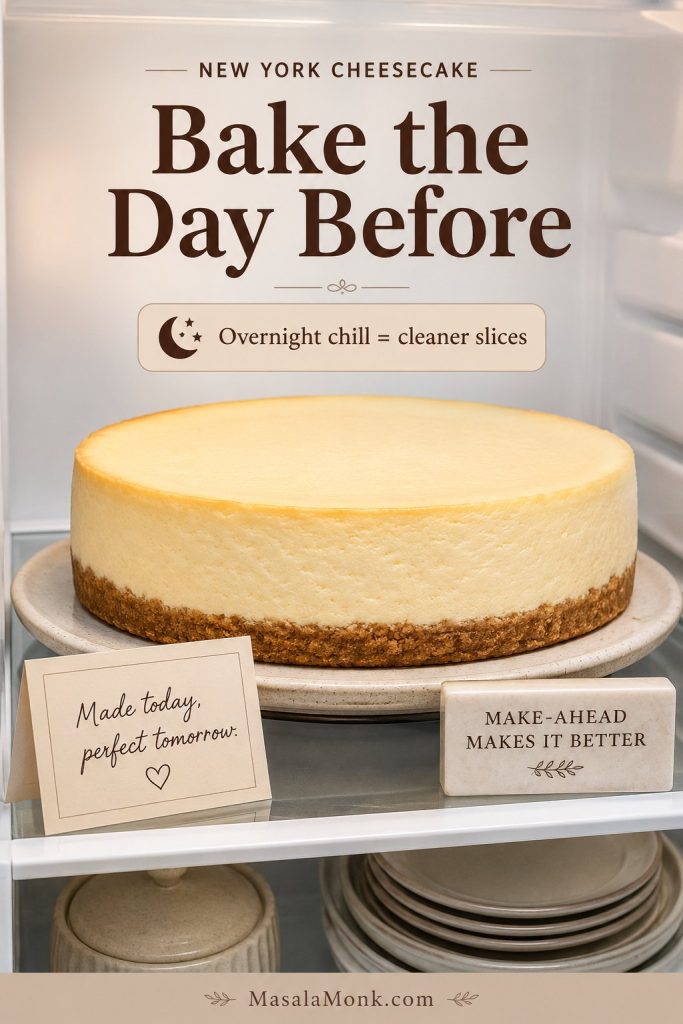 Whole New York cheesecake chilled in a refrigerator with a make-ahead reminder to bake the day before.